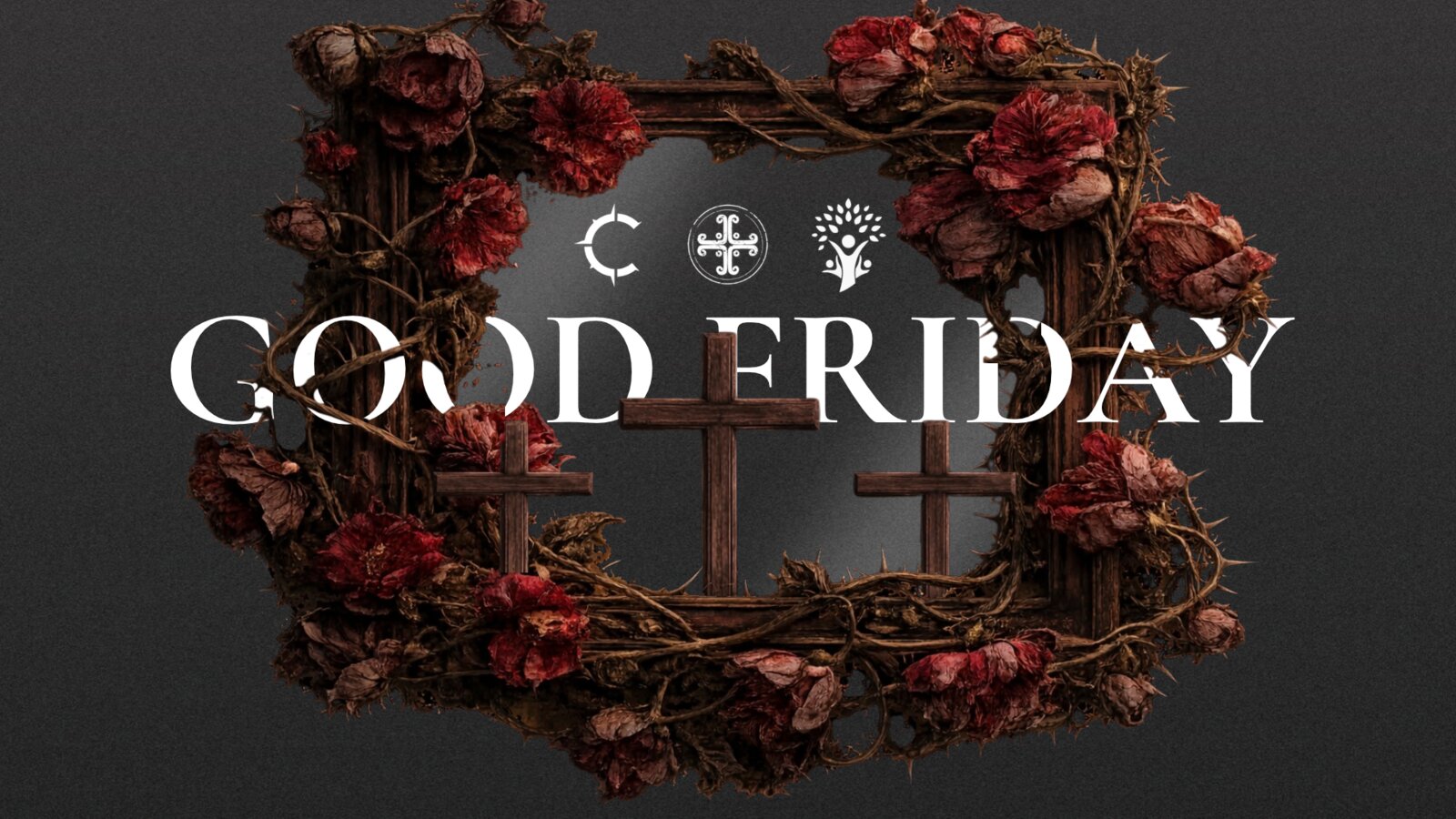 Good Friday sermon thumbnail with thorns, roses and three crosses